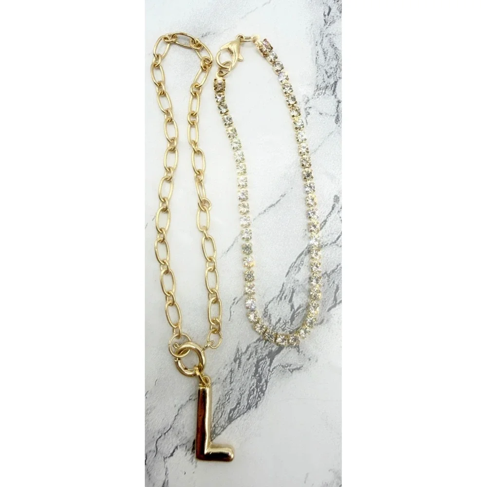 Gold Tone Rhinestone and Initial L Charm Bracelet Stack Set of 2